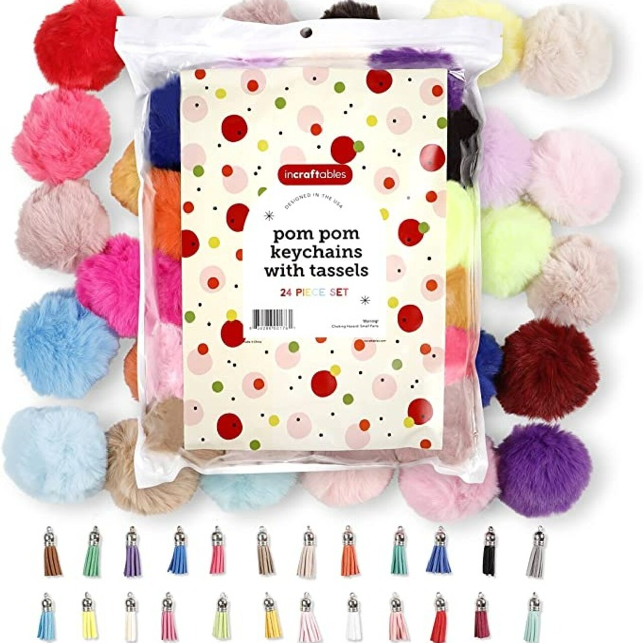 Incraftables Pom Pom Keychain Balls with Tassels & Keyrings (24 Set). Best Multicolor Large Fuzzy 3 inch Fur Pompom Keychains. Bulk Fluffy Puff Ball Keychains for Adults & Kids.